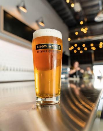 Pint of beer sits on top of stainless steel counter