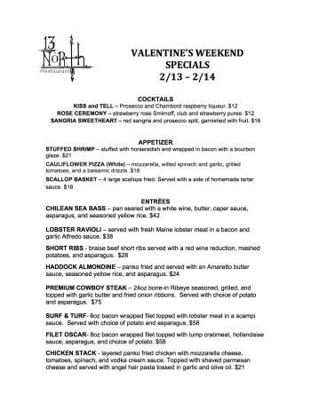 13 North Valentine's Day Menu