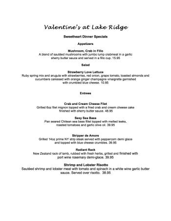 Lake Ridge Valentine's Day Menu
