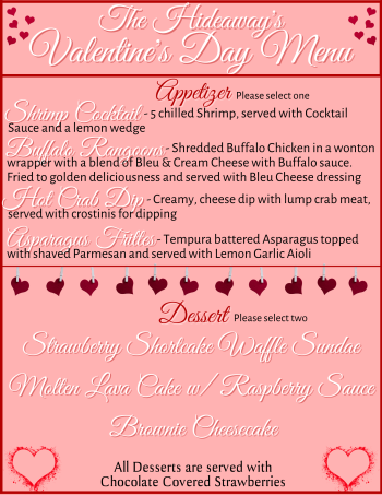 The Hideaway Valentine's Day Menu