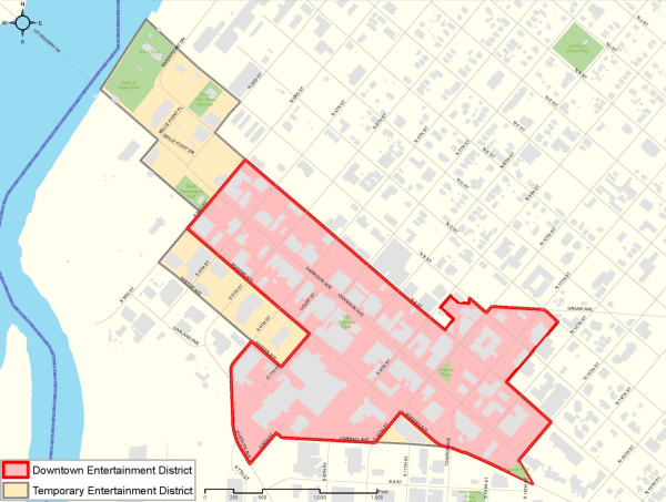 A map displaying the boundaries of the Fort Smith Downtown Entertainment District as well as the Temporary Entertainment District.