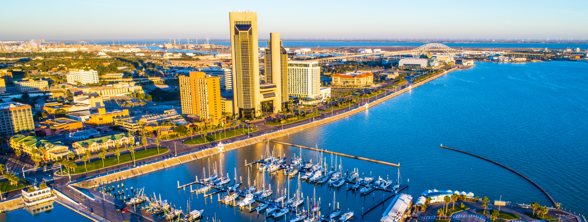 An aerial view of downtown Corpus Christi.