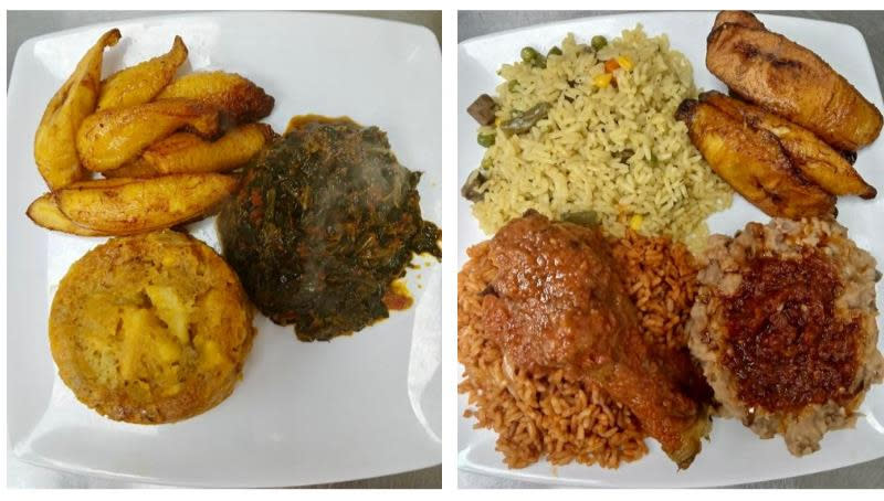 Left: Yams, platains, greensRight: Jollof rice, chicken, beans