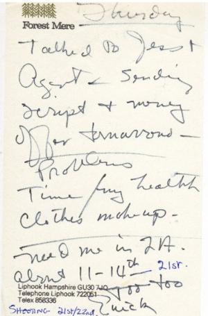 A note Ava Gardner wrote about her concerns with appearing in Knots Landing