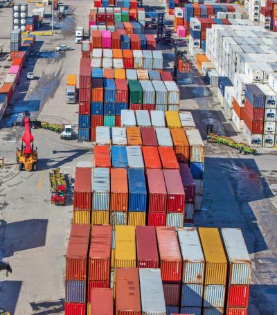 Cargo containers stacked in the port's Southport cargo area.
