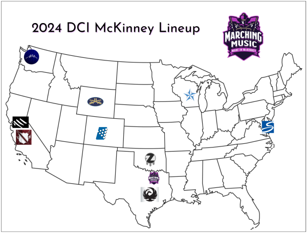 US map with logos of drum corps on their appropriate states