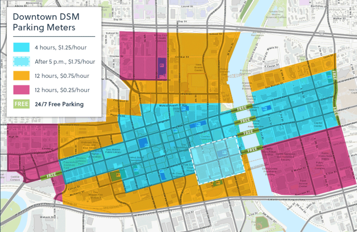 Downtown Des Moines parking meters map with hours and rates