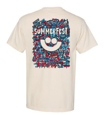 Cream-colored T-shirt showing a large illustrated Summerfest graphic on the back. The design features the Summerfest logo surrounded by a dense collage of festival-themed images, signs, stages, rides and people in red and blue artwork.