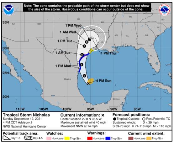 Tropical Storm Nicholas Tracking - September 12 at 4 PM