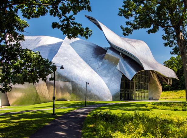 Exterior of the Frank Gehry-designed Fisher Center for the Performing Arts at Bard College