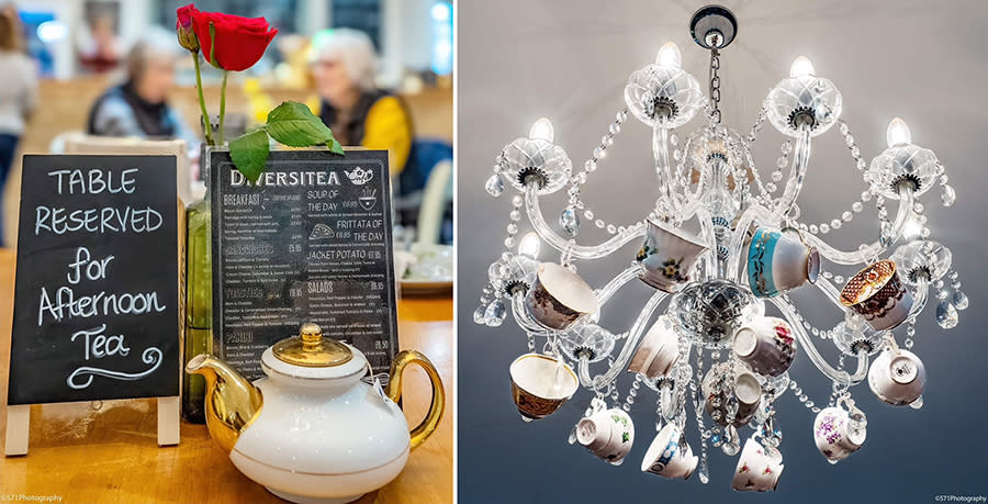 A montage with an image of a tea pot and menu on the left and on the right a photo of the lights in Diversitea with vintage teacups hanging off them