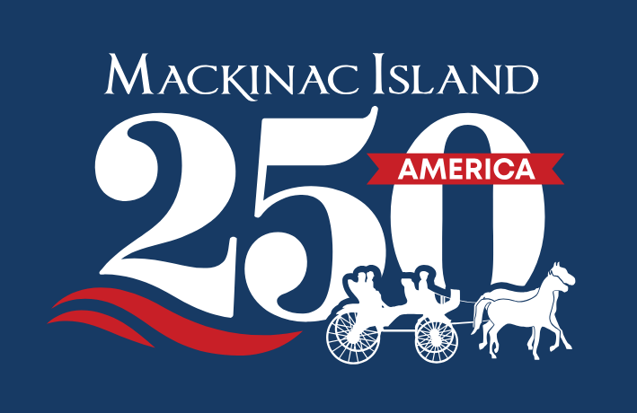 Mackinac Island's America250 logo with horse drawn carriage