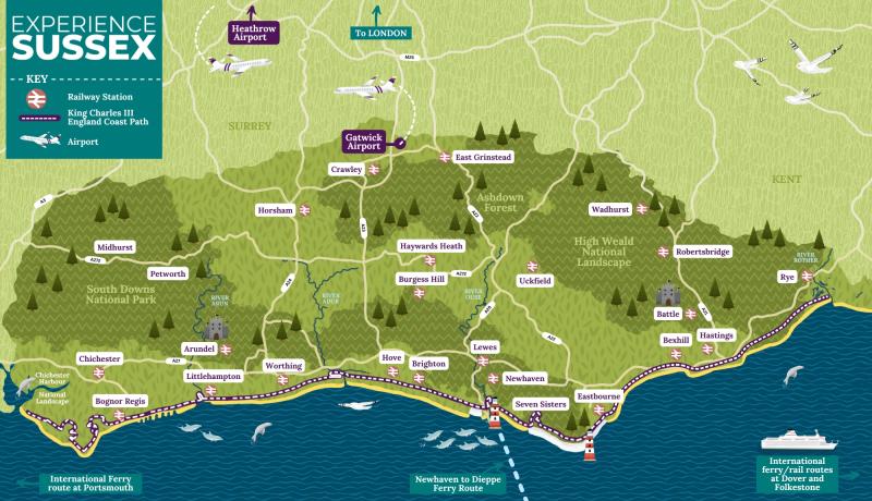 A graphic map of sussex showing the location of main towns with roads and travel highlighted