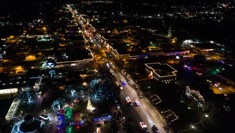 Aerial View Of Main Street at Christmas In Fredericksburg, TX