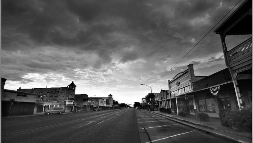 Fredericksburg Main Street at dusk in black and white