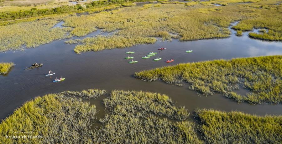 ariel view of a group of kayaks on the ICW