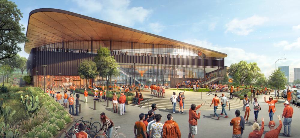 Rendering of west entrance of Moody Center with crowd of UT fans lingering around the building.