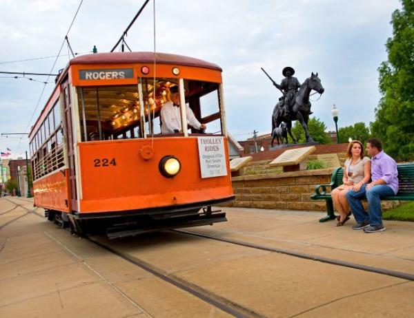 The historical Rogers Avenue trolley comes to a stop to pick up a couple on a date in Fort Smith, Arkansas.
