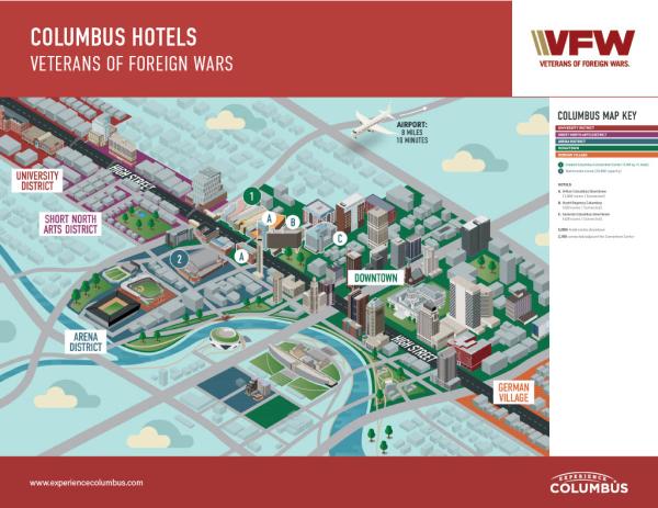 Columbus Hotels map featuring Hilton Columbus Downtown, Hyatt Regency Columbus, and Sonesta Columbus Downtown
