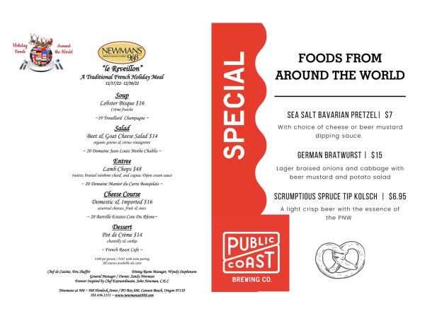 Menus from Newmans at 988 and Public Coast Brewing Co