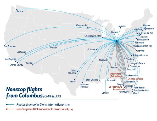 Map showing nonstop flights from Columbus via John Glenn International Airport and Rickenbacker International Airport