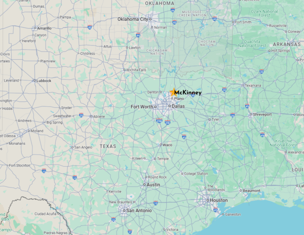 Map of Texas with McKinney indicated with a gold star