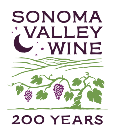 Sonoma Valley Wine 200 Years Logo with the crescent moon, the words "Sonoma Valley Wine" and grape clusters and the vineyards stylized in the back
