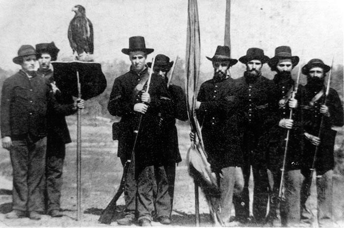 Old Abe on her perch with members of the 8th Wisconsin after the Siege of Vicksburg, Mississippi.