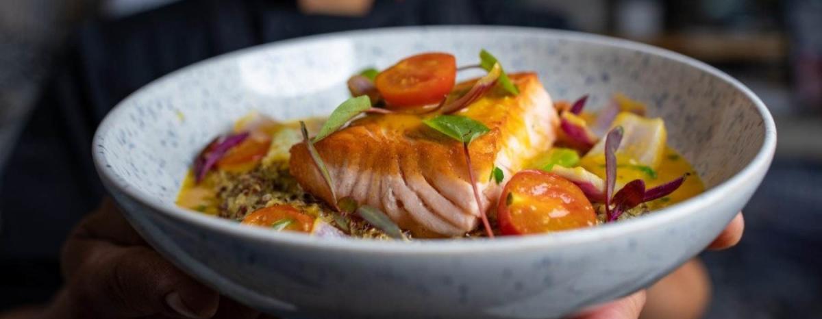 Salmon and vegetables in a bowl