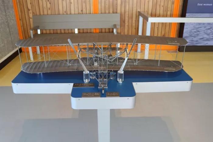 A scale model of the Wright Brother airplane at Wright Brothers National Memorial in Kitty Hawk, NC.