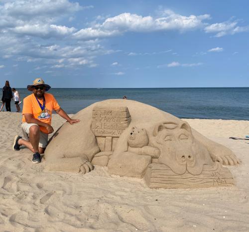 Red Arrow Bear 2023 Wisconsin Sand Sculpting Festival with Sculptor
