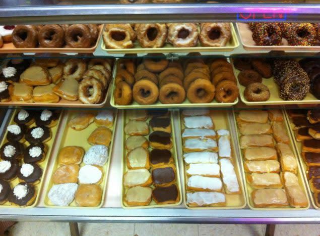 Donuts in the case at Renzema's Bakery