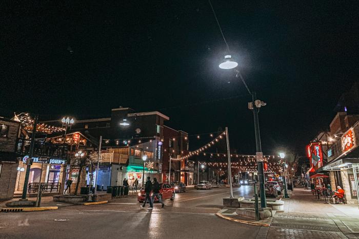 Kirkwood Avenue at night, lit up by twinkle lights