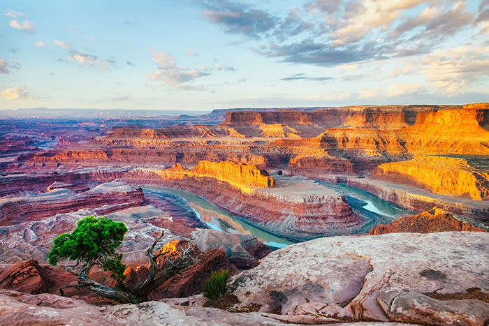 A vibrant sunrise overlooking the Colorado River in Dead Horse Point State Park near Moab.