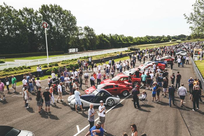crowds stand around sports cars at Goodwood motor circuit