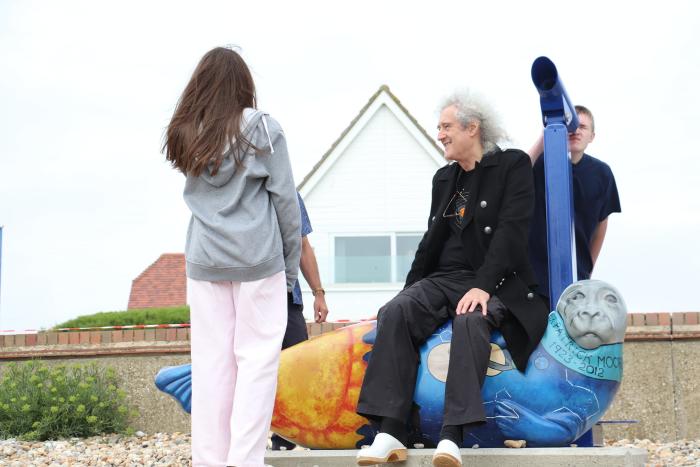 One of the Seals in Selsey Seal Trail with children and Sir Brian May