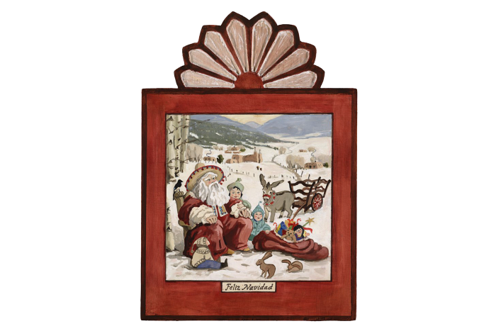 Retablo with St. Nicholas reclining on a chair in a snowy field, surrounded by children and joined by a burro, a rabbit, a blackbird, and a sack overflowing with toys.