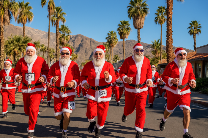 Group of Santas running in race