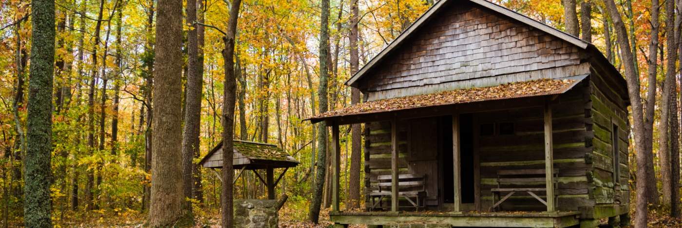 Exterior view of the Green Mountain Cabin during fall in Huntsville, AL