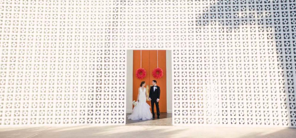 bride and groom outside Parker