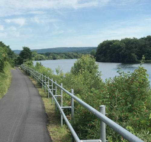 This photo depicts part of the Mohawk-Hudson Bike-Hike trail that passes through rural Pattersonville, Rotterdam Junction and Rotterdam. The trail's trajectory along the river can be seen, with a metal fence on the side, hills in the distance, green trees all around and a blue sky.