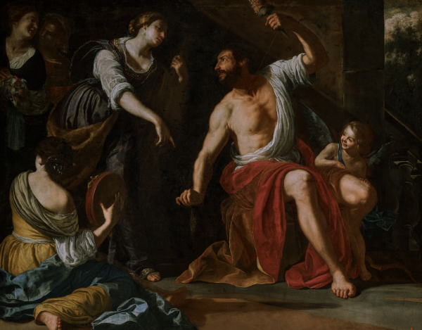 Artemisia Gentileschi, Hercules and Omphale, about 1635–37. Oil on canvas, 78 3/4 × 98 7/16 inches (200 × 250 cm). Sursock Palace Collections, Beirut, Lebanon © 2025 J. Paul Getty Trust.