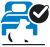 An icon depicting pet-friendly places to stay -  showing a hotel bed with a dog at the foot of the bed and a checkmark