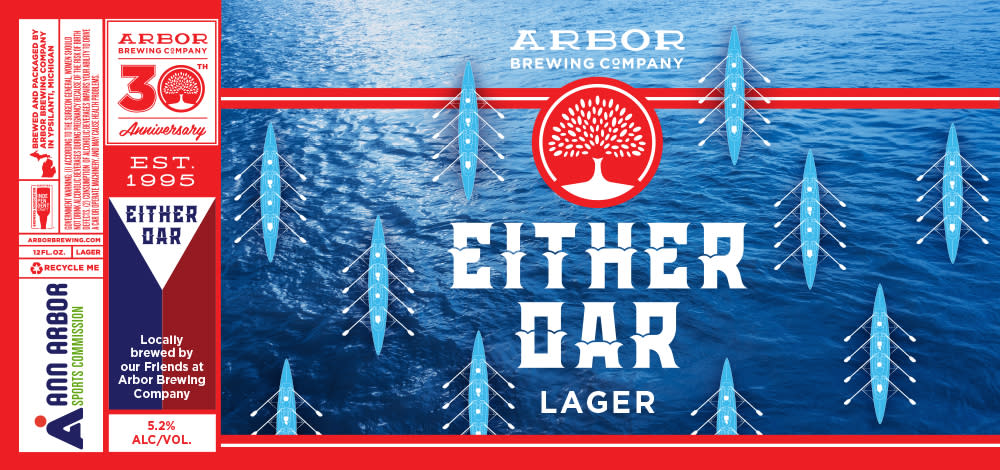 'Either Oar' graphic design for arbor brewing company beer, inspired by RowFest. Design consists of the colors red, white, and blue, and portrays mini icons resembling boats with paddles on each side.