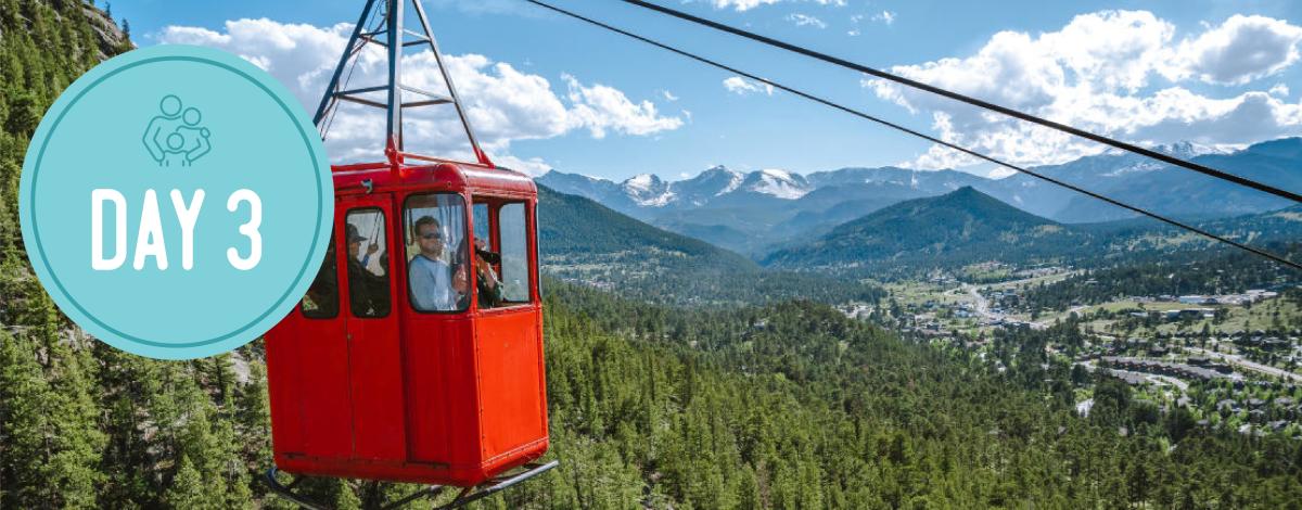 Day 3 in a circle on the left. Picture of the Ariel Tram in front of the mountains.