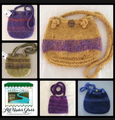 Knitted purses at the Art Under Glass Exhibit.