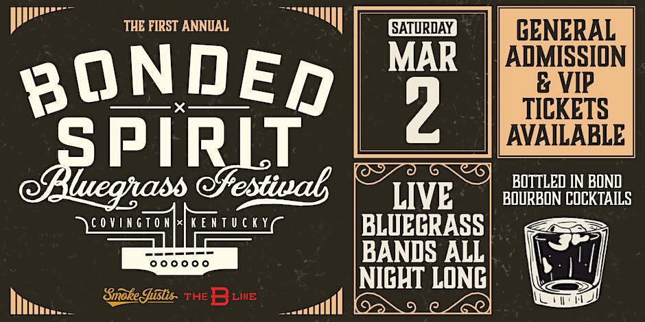 A gold and brown infographic with information about the 2024 Bonded Spirit Bluegrass Festival held in Covington KY on March 2, 2024