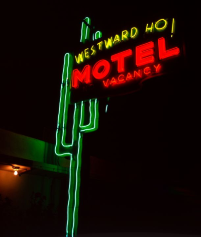 Neon sign at Westward Ho! Motel.
