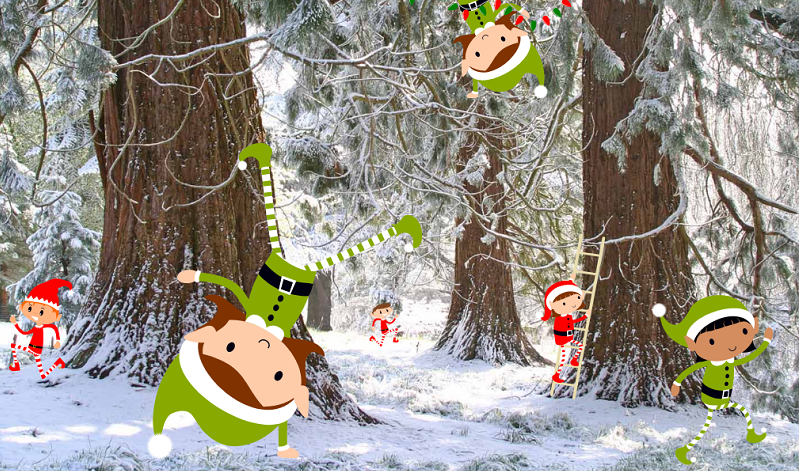 A snow covered woodland with cartoon elves hiding behind trees