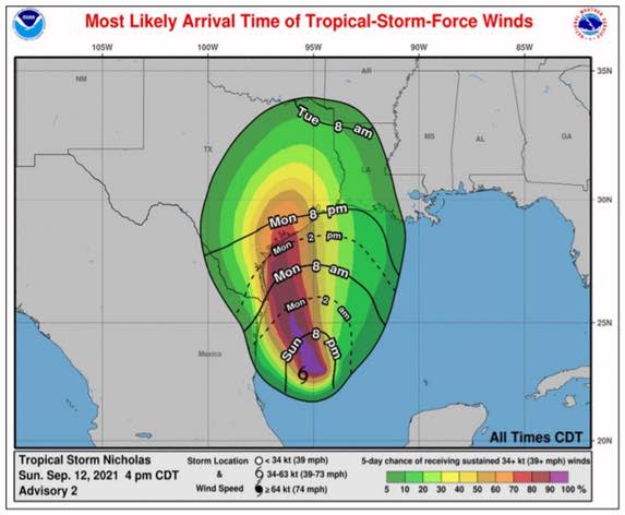 Tropical Storm Nicholas Arrival - September 12 at 4 PM